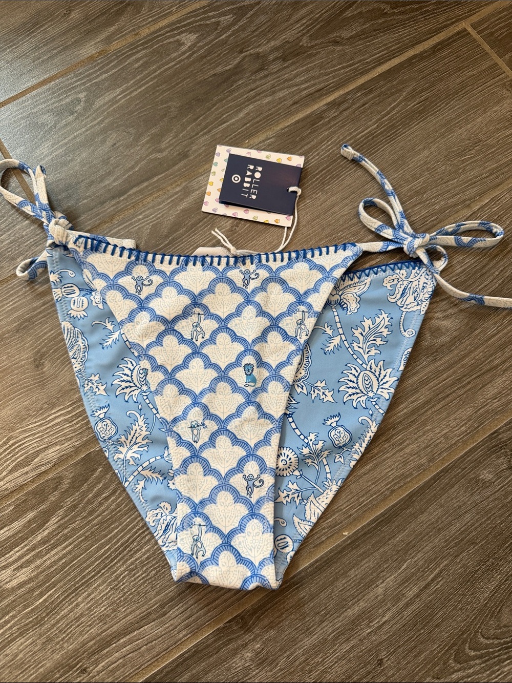 NWT! Roller Rabbit X Target Blue & White Tie-Side Reversible Bikini Bottom small